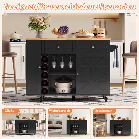Îlot de cuisine avec plan de travail rabattable, équipé de 5 roulettes freinables, étagère à porte, porte-bouteilles et porte-verres, noir, 120 x 45(70) x 89 cm (1/5)