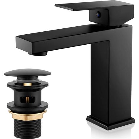 Rubinetto miscelatore nero per lavabo, rubinetto da bagno a cascata, miscelatore monocomando per lavabo con piletta a scomparsa, rubinetto moderno nero, G 3/8 (1/4)