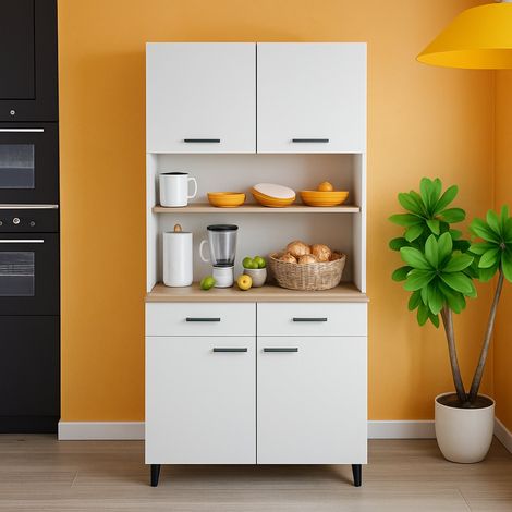 Dmora - Aparador Artesian, Bufé de salón, Aparador de salón, Despensa de cocina, 72x40 h185 cm, Blanco y Roble (1/5)