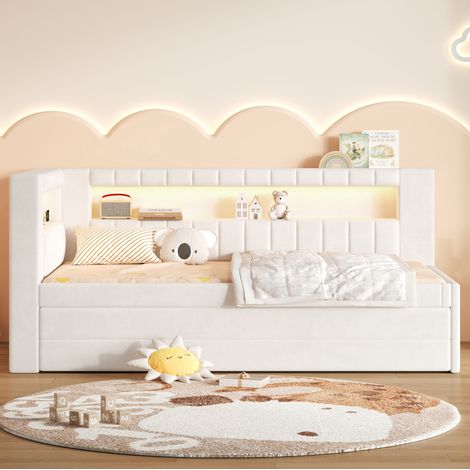 Letto per bambini 90x200 cm con LED, USB, letto estraibile e 3 cassetti, struttura in legno e tessuto - bianco (1/5)