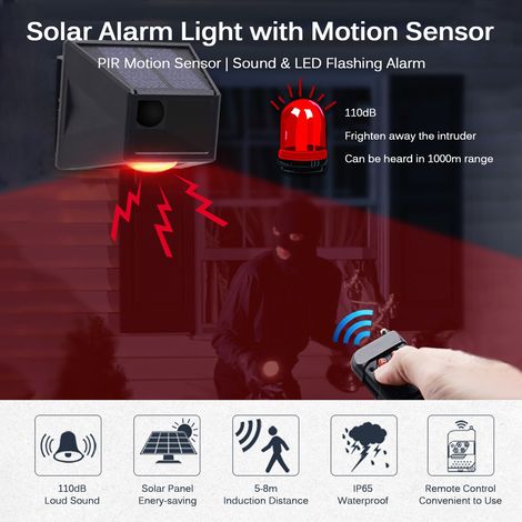 Lampe d'alarme solaire avec détecteur de mouvement, sirène forte de 129 dB, lumières stroboscopiques LED avec télécommande RF 433 MHz, étanche IP65, rechargeable pour ferme, villa, cour, grange, entre (1/5)