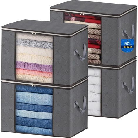 AIOR 4Pcs 90L Sac de Rangement Vetement Pliable avec FenêTre Transparente, Non-tissé Grande Boite Rangement Vetement pour Couettes, Couvertures Jouets VêTements, 60x 40x 35cm (1/5)