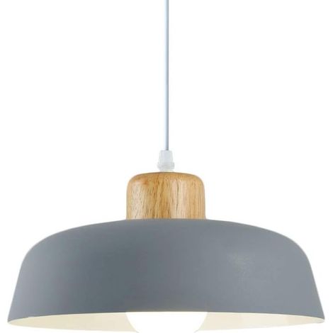Lampe à suspension en métal rond simple et moderne nordique, Grand plafonnier E27 finition bois, Lumière suspendue de couleur vive pour salon de chambre à coucher de cuisine (Gris) (1/5)