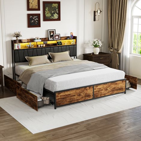 lit adulte 180x200, Lit cadre métal style industriel aspect bois vieilli, tête de lit rembourrée avec rangement, éclairage LED RGB, station de charge USB‑C, 4 grands tiroirs sur roulettes (1/5)