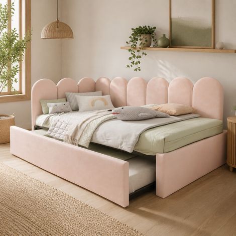 Cama nido 90x200 cm rosa de terciopelo con cama extraíble y somier (1/5)