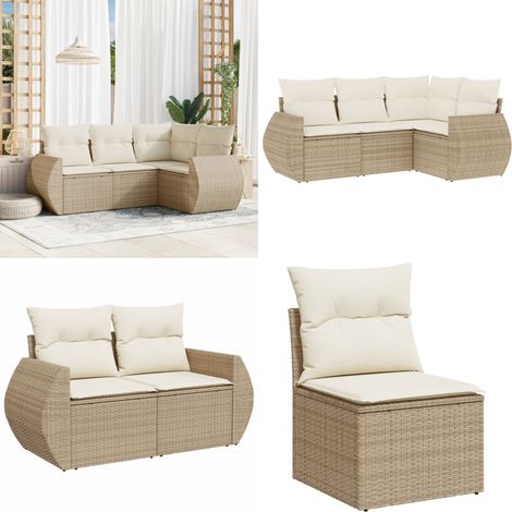 Salon de jardin avec coussins 4 pcs beige résine tressée - Ensemble Salon De Jardin - Mobilier Extérieur - Canapé Jardin - Chaise Lounge - Set Salon De Jardin - Home & Living (1/5)
