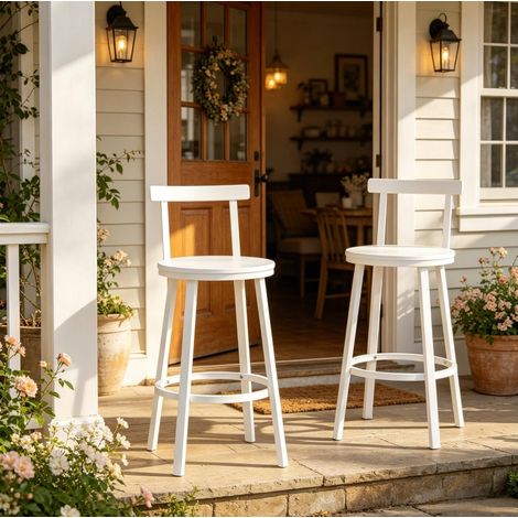 Juego de 2 taburetes de bar con respaldo curvado, asiento de MDF, estructura metálica, blanco (1/5)
