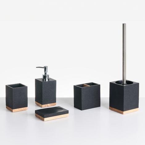 Conjunto de 5 accesorios de baño jabonera dispensador de jabón escobilla de inodoro vaso soporte para cepillos de dientes negro Tapiche (1/5)