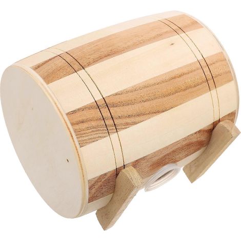 Tirelire en bois brun clair en forme de tonneau à vin, idéale comme objet de décoration de bureau. Dimensions : 16,5 x 11 x 8 cm. (1/5)