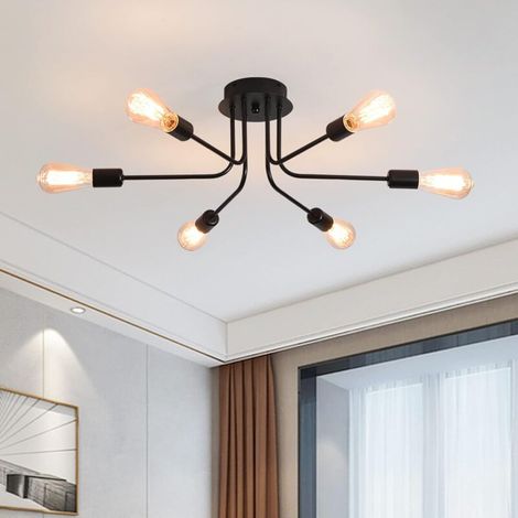 MINKUROW Moderne Sputnik-Deckenleuchte, rustikaler schwarzer 6-Licht-Kronleuchter mit halbbündiger Montage, Industrie-Deckenleuchte mit E27-Sockel für Bauernhaus-Wohnzimmer-Esszimmer