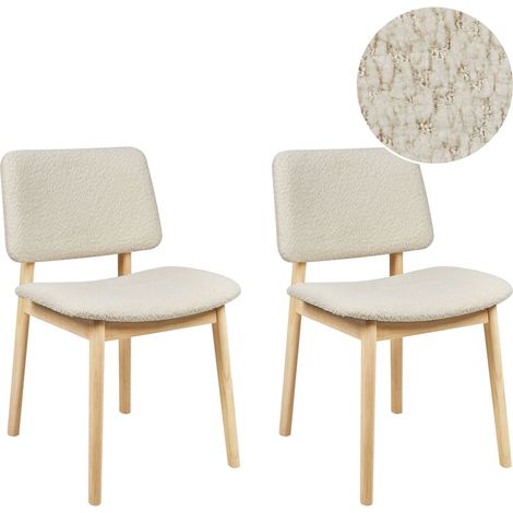 Lot de 2 Chaises de Salle à Manger Bouclé Polyester Assise et Structure en Bois Clair Blanc Cassé Blane