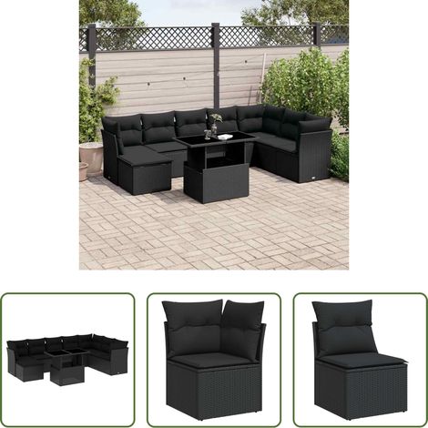 vidaXL Canapé extérieur - Salon de jardin 9 pcs avec coussins noir résine tressée (1/5)