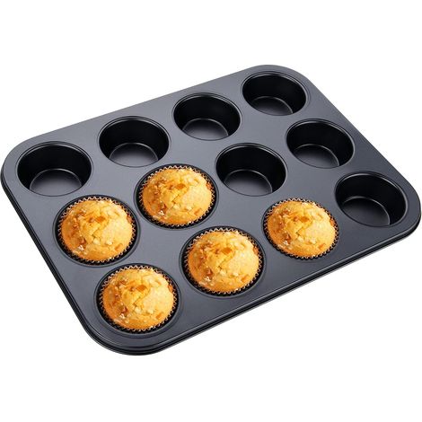 EASYCOMFORT 1pcs Moules à Muffins en Acier Carbone Antiadhésif,Moule Patisserie 12 Cavités Moule à Cupcakes lot,Réutilisables,Moule Tartelette pour Faire Brownies, Gâteaux, Pudding (Noir) (1/5)