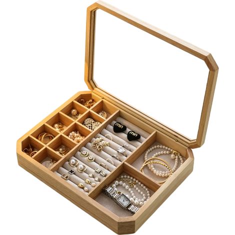 Boîte à bijoux en bois de chêne, boîte à bijoux pour femme avec couvercle en verre, coffret de rangement pour bagues, boucles (1/5)