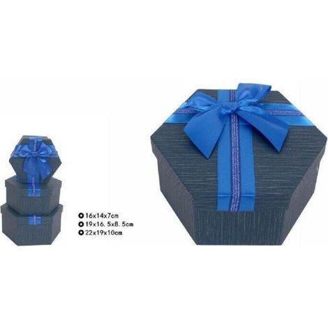 Set 3 Pièces Boîtes Cadeaux Différentes Tailles Hexagonales Bleu Avec Noeud 69352