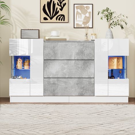 Sideboard aus MDF, Spanplatte und Glas, weiß mit grauem Marmorlook, 140x35x75 cm, 2 Türen, 3 Schubladen, LED-Beleuchtung (1/5)
