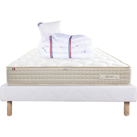 Ensemble Matelas Sublime, 20 cm, mousses haute densité, ferme, face été/hiver + sommier blanc ep 13cm + oreiller + couette, 90x190cm (1/5)