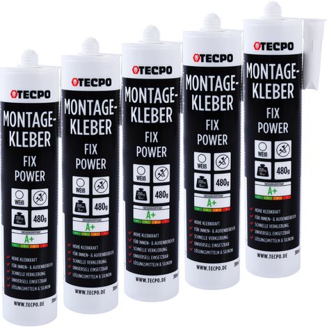 TECPO Montagekleber Fix Power, 5x 480g Universal Baukleber Kartuschen Kraftkleber 200kg 10 cm² für Akustikpaneele, Styropor, Sockelleite Innen und Außen schnelle Verklebung ohne Grundierung