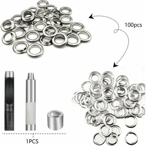 Ösen-Werkzeugsatz, 100 Ösen-Set, Planenösen, Ösen-Set, für Planen- und Segeltuchreparaturzelt, Silber, 12 mm (Innendurchmesser) (1/4)