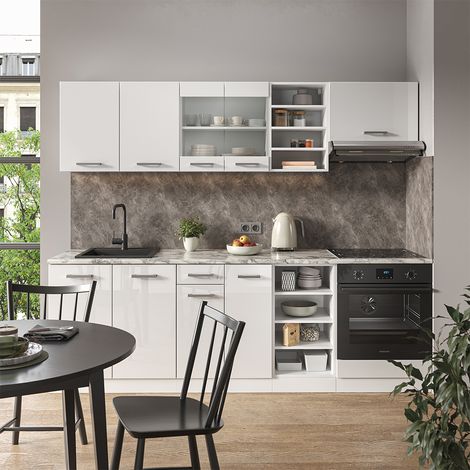 Küchenzeile R-Line, Weiß Hochglanz/Weiß, 240 cm ohne Arbeitsplatte, Vicco