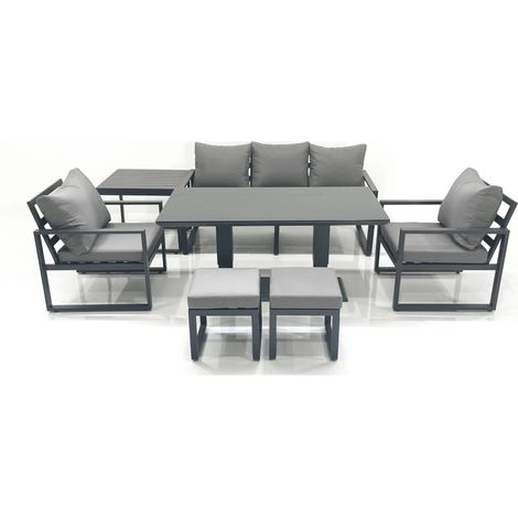 Fimous Outdoor Aluminium Garden Furniture Set with Adjustable Rising Lifting Dining Table 3 Seater Sofa 2 Chair 2 Small Footstools Side Table Dark Grey (1/5)