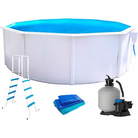 Piscine hors sol ronde 3.50m x 1.32m – Parois acier laquées blanches – Filtration à sable 6m³/h – Échelle symétrique haute – TOI