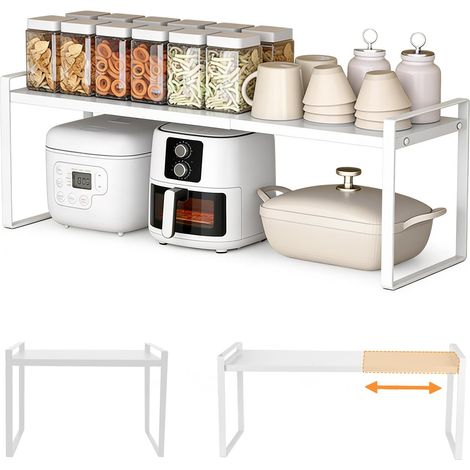 Étagère de cuisine extensible pour plan de travail, étagère d'armoire réglable, 35 à 65 cm, en acier au carbone, étagère de rangement blanche pour cuisine, garde-manger et plan de travail (1/5)