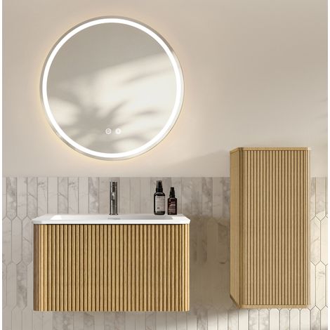 Mueble de baño suspendido con lavabo, espejo LED redondo y columna, color roble DESVIAE (1/5)