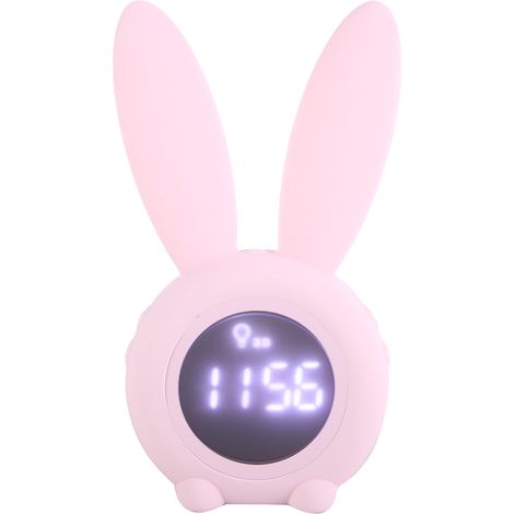 Horloge de table multifonctionnelle avec écran LED, alarme, minuterie et température, motif lapin de dessin animé (rose) (1/5)