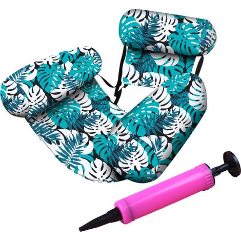 Inflatable Pool Float Chair with Pump, Adult Lounge Mat Plant Pattern Water Hammock Floating Raft Beach Pool Party Summer Fun,Dark Green (1/5)