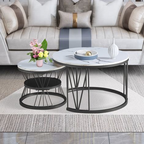 Fortuna Lai – Lot de 2 tables basses gigognes – Tables rondes en marbre et métal – Dimensions 70x45cm et 45x40cm – Design moderne pour petits espaces (1/5)
