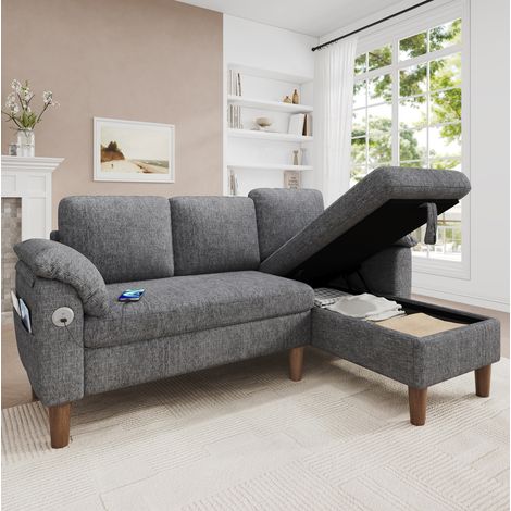 Divano angolare 3 posti, chaise longue reversibile, contenitore e USB grigio chiaro OKMYHOME (1/5)
