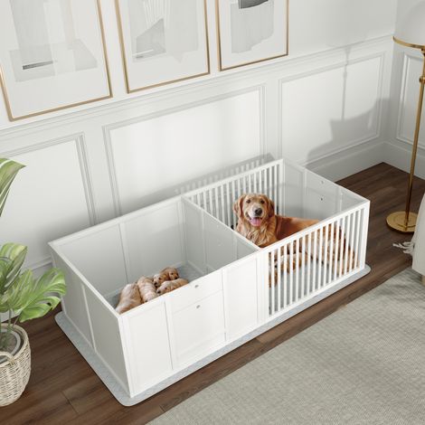 Boîte de mise bas pour chiens et chiots, parc de mise bas pour chiens porte à hauteur réglable 166 x 80 x 50 cm, blanc