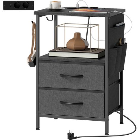Table basse/table d'appoint avec station de charge. structure en acier. ports USB-C. tiroirs. crochets. 40 cm x 30 cm x 60 cm. noire (1/5)