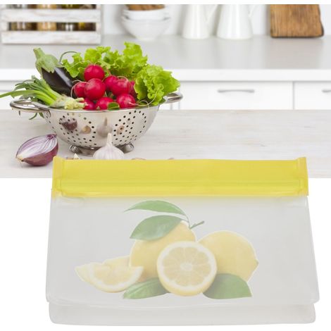 3D-Aufbewahrungsbeutel für Obst und Gemüse, halbtransparent mattiert, 22 x 13,5 x 5 cm, gelb, mittlere Größe. (1/5)