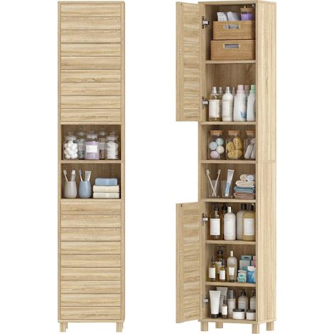 Armoire de salle de bain haute avec étagères réglables, portes à lattes, ouverture par simple pression, 34 x 23 x 170 cm, naturelle (1/5)