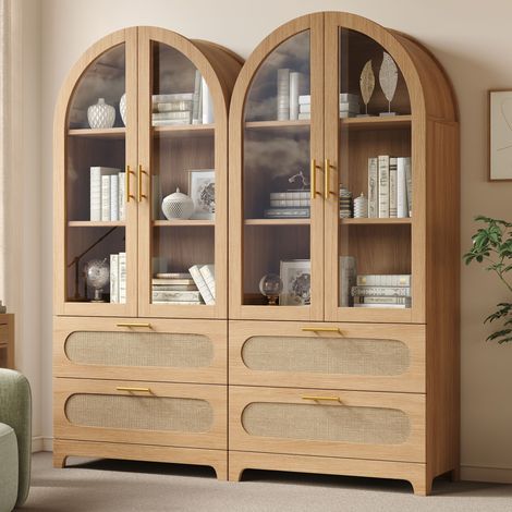 Vitrine bibliothèque 80 x 40 x 175 cm, 2 portes cintrées style Montmartre, 2 tiroirs et étagères réglables, décor chêne (1/5)
