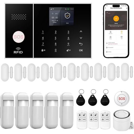 XUK Système d’Alarme sans Fil 4G/WiFi,Alarme Sécurité Intelligente avec Capteurs Porte/Fenêtre,Compatible Alexa/Google Home,24 Alarme avec Sirène,10 Capteurs de Fenêtre et de Porte, 3 Télécommande