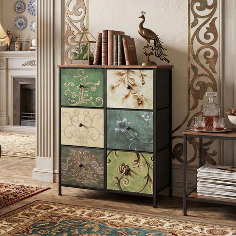 Creahappy Commode Vintage à 6 Tiroirs - 67.5x30x86.5cm - Meuble Rangement Gain de Place - Structure Métal Plateau Bois Tissu Imprimé Rétro Multicolore (1/5)