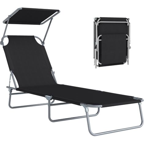 Transat Bain de Soleil Pliable Chaise Longue Pliante Grand Confort Dossier Inclinable Multi-positions et Pare-Soleil réglable Dim. 187L x 58l x 36H cm Noir (1/5)