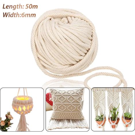 Cuerda de macramé de algodón trenzado de 50 m y 6 mm para manualidades, color beige natural, accesorios para el hogar, bodas y regalos.