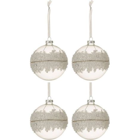 Lot de 4 Boules de Noël "Glace" 10cm Blanc & Argent