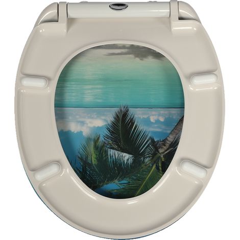 Abattant de toilette UF imprimé sur 3 faces, fermeture douce et démontage rapide, en urée-formaldéhyde, résistant et décoratif, compatible avec tous les modèles.