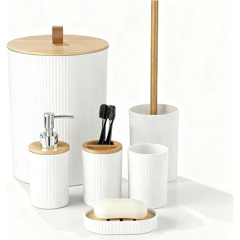 7-teiliges gestreiftes Spülset mit runden Tassen und Accessoires aus Bambus und Holz, 6-teiliges Spülset (1/5)
