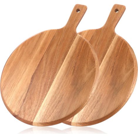 Lot de 2 assiettes à pizza rondes de 30,5 cm - Planche à découper en bois avec poignée - Plaque à pizza - Planche à charcuterie au fromage - Assiettes en bois pour pizza, tartes flambées (1/5)