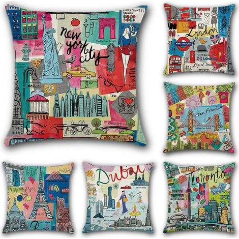 Kissenbezug mit Frühlings- und Mandala-Muster für Sofa, Wohnzimmer, Schlafzimmer, Inneneinrichtung, 45 x 45 cm, 6er-Set (Cartoon City)