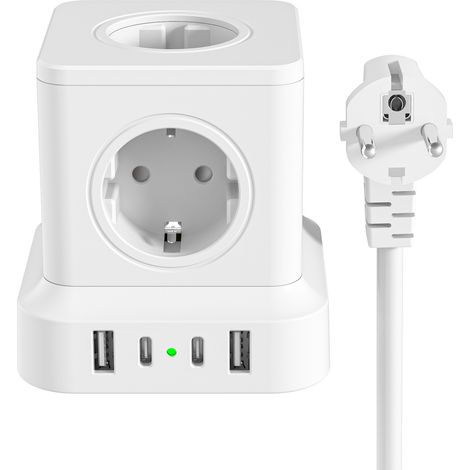 Cube Multiprise Sans Câble - 3 Prises 250 V 16 A - 2 USB-A + 1 USB-C - Puissance Max 3680 W - Design Compact 7,5 x 7,5 x 7 cm - Blanc (1/5)