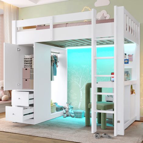 Lit mezzanine 90x200 avec bureau, 4 tiroirs, armoire, LED et USB, blanc, REDOM (1/5)