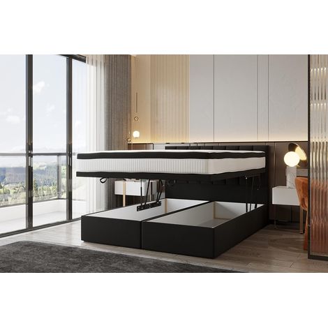 Lit adulte 140x200 cm BOND - avec rangement et matelas ressorts ensachés - tissu velours - noir
