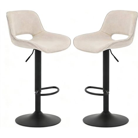 Lot de 2 tabourets de bar rotatifs en lin beige avec dossier, réglables en hauteur, pour bar intérieur et extérieur (1/5)